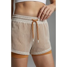 Odelon Kadın Taytlı Fileli Spor Şort Gri-Açık Kahve