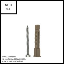 Adilon Dübel-Vida Seti, Tuğla Boşluk Dübeli 12 Mm, 6,0X70 Yhb Sunta Vidası, 10 Adet