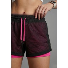 Odelon Kadın Taytlı Fileli Spor Şort Siyah-Fuşya