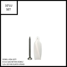 Adilon Dübel-Vida Seti, Gaz Beton (Ytong) Dübeli 8 Mm, 5,0X50 Yhb Sunta Vidası, 10 Adet