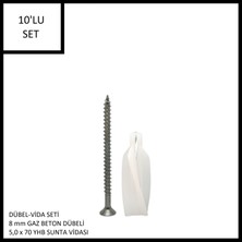Adilon Dübel-Vida Seti, Gaz Beton (Ytong) Dübeli 8 Mm, 5,0X70 Yhb Sunta Vidası, 10 Adet