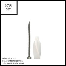 Adilon Dübel-Vida Seti, Gaz Beton (Ytong) Dübeli 8 Mm, 5,0X80 Yhb Sunta Vidası, 10 Adet