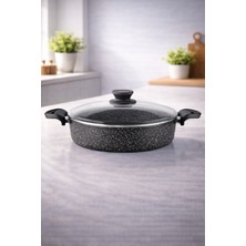 UltraMint 30CM Granit Siyah Basık Tencere, Cam Kapaklı, Çok Amaçlı Kullanım