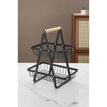 UltraMint Çift Katlı Siyah Metal Meyve ve Organizer Standı, Ahşap Saplı Tasarım