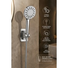 Plodna House 3 Parça Duş Seti 5 Fonksiyonlu Duş Başlığı Güçlü Su Akışı 150 cm Hortum G1/2 Uyumlu