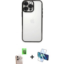 İlk El Grup Pilelistore™ iPhone 16 Pro Max Kılıf Vadi Minimal - Siyah 3D Antistatik Cam Ekran Koruyucu + Raze Metal Kamera Lens - Nlgy