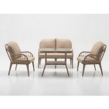 Monalin Home Garden Sidney Kapuçino 4 Kişilik(2-1-1-Masa) Rattan Örgü Bahçe & Balkon & Teras Oturma Grubu Minderli & Camlı & Masalı Takım
