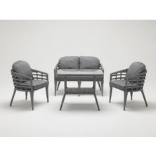 Monalin Home Garden Venedik Gri 4 Kişilik(2-1-1-Masa) Rattan Örgü Bahçe & Balkon & Teras Oturma Grubu Minderli & Camlı & Masalı Takım