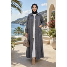 Harma Time Butik Kadın Düğmeli Cepli Gri Denim Kot Kap