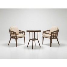 Monalin Home Garden Venedik Kahverengi 2 Kişilik(1-1-Masa) Rattan Örgü Bahçe & Balkon & Teras Oturma Grubu Minderli & Camlı & Masalı Takım