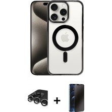 Pileli Store Pilelistore™ iPhone 15 Pro Kılıf Siluet Çizgi Serisi - Siyah 3D Antistatik Hayalet Cam Ekran Koruyucu + Raze Metal Kamera Lens - Gs