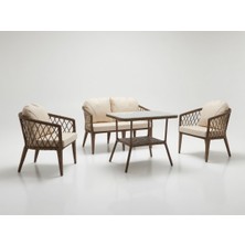 Monalin Home Garden Bodrum Kahverengi 4 Kişilik(2-1-1-Masa) Rattan Örgü Bahçe & Balkon & Teras Oturma Grubu Minderli & Camlı & Masalı Takım