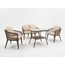 Monalin Home Garden Milano Kahverengi 4 Kişilik(2-1-1-Masa) Rattan Örgü Bahçe & Balkon & Teras Oturma Grubu Minderli & Camlı & Masalı Takım