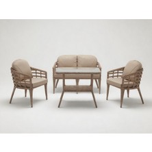 Monalin Home Garden Venedik Kapuçino 4 Kişilik(2-1-1-Masa) Rattan Örgü Bahçe & Balkon & Teras Oturma Grubu Minderli & Camlı & Masalı Takım