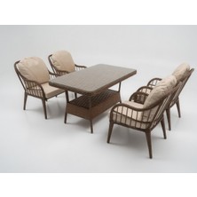 Monalin Home Garden Sidney Kahverengi 4 KIŞILIK(1-1-1-1-MASA(80*140)) Rattan Örgü Bahçe & Balkon & Teras Masa Sandalye Takımı