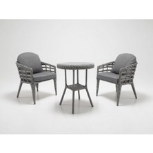 Monalin Home Garden Venedik Gri 2 Kişilik(1-1-Masa) Rattan Örgü Bahçe & Balkon & Teras Oturma Grubu Minderli & Camlı & Masalı Takım