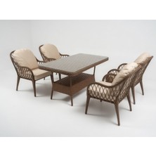 Monalin Home Garden Alaçatı Kahverengi 4 KIŞILIK(1-1-1-1-MASA(80*140)) Rattan Örgü Bahçe & Balkon & Teras Masa Sandalye Takımı