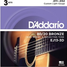 D'Addario EJ-13 3D 80/20 Custom Light Bronze 3'lü Paket Akustik Gitar Teli (.011-.052)