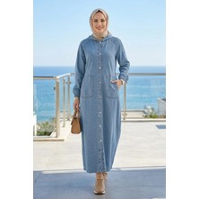 Harma Time Butik Kadın Kapüşonlu Düğmeli Cepli Mavi Kot Kap