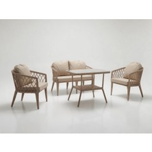 Monalin Home Garden Bodrum Kapuçino 4 Kişilik(2-1-1-Masa) Rattan Örgü Bahçe & Balkon & Teras Oturma Grubu Minderli & Camlı & Masalı Takım