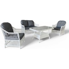 Monalin Mobilya Lizbon Beyaz 4 Kişilik(2-1-1-Masa) Rattan Örgü Bahçe & Balkon & Teras Oturma Grubu Minderli & Camlı & Masalı Takım