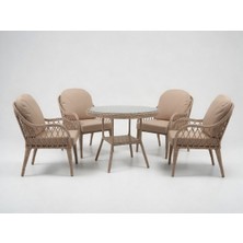 Monalin Home Garden Alaçatı Kapuçino 4 Kişilik(1-1-1-1-Masa) Rattan Örgü Bahçe & Balkon & Teras Masa Sandalye Takımı