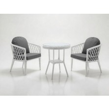 Monalin Home Garden Bodrum Beyaz 2 Kişilik(1-1-Masa) Rattan Örgü Bahçe & Balkon & Teras Oturma Grubu Minderli & Camlı & Masalı Takım