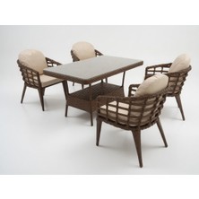Monalin Home Garden Venedik Kahverengi 4 KIŞILIK(1-1-1-1-MASA(80*140)) Rattan Örgü Bahçe & Balkon & Teras Masa Sandalye Takımı