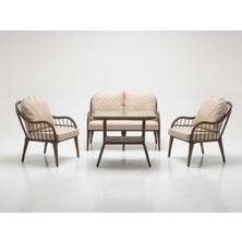 Monalin Home Garden Sidney Kahverengi 4 Kişilik(2-1-1-Masa) Rattan Örgü Bahçe & Balkon & Teras Oturma Grubu Minderli & Camlı & Masalı Takım
