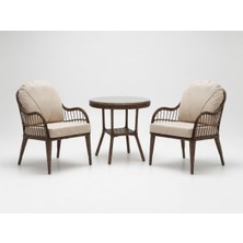 Monalin Home Garden Sidney Kahverengi 2 Kişilik(1-1-Masa) Rattan Örgü Bahçe & Balkon & Teras Oturma Grubu Minderli & Camlı & Masalı Takım