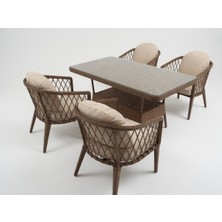 Monalin Home Garden Bodrum Kahverengi 4 KIŞILIK(1-1-1-1-MASA(80*140)) Rattan Örgü Bahçe & Balkon & Teras Masa Sandalye Takımı