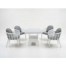 Monalin Home Garden Venedik Beyaz 4 KIŞILIK(1-1-1-1-MASA(80*140)) Rattan Örgü Bahçe & Balkon & Teras Masa Sandalye Takımı