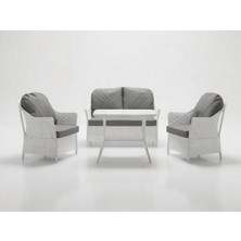 Monalin Home Garden Napoli Beyaz 4 Kişilik(2-1-1-Masa) Rattan Örgü Bahçe & Balkon & Teras Oturma Grubu Minderli & Camlı & Masalı Takım