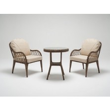 Monalin Home Garden Alaçatı Kahverengi 2 Kişilik(1-1-Masa) Rattan Örgü Bahçe & Balkon & Teras Oturma Grubu Minderli & Camlı & Masalı Takım