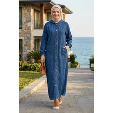 Harma Time Butik Kadın Kapüşonlu Düğmeli Cepli Kot Lacivert Kap