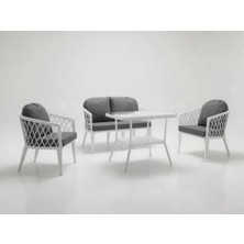 Monalin Home Garden Bodrum Beyaz 4 Kişilik(2-1-1-Masa) Rattan Örgü Bahçe & Balkon & Teras Oturma Grubu Minderli & Camlı & Masalı Takım