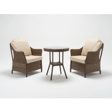 Monalin Home Garden Napoli Kahverengi 2 Kişilik(1-1-Masa) Rattan Örgü Bahçe & Balkon & Teras Oturma Grubu Minderli & Camlı & Masalı Takım
