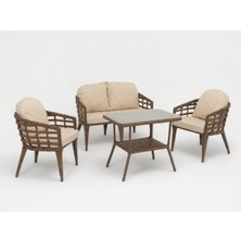Monalin Home Garden Venedik Kahverengi 4 Kişilik(2-1-1-Masa) Rattan Örgü Bahçe & Balkon & Teras Oturma Grubu Minderli & Camlı & Masalı Takım