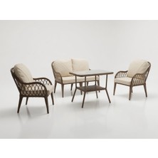 Monalin Home Garden Alaçatı Kahverengi 4 Kişilik(2-1-1-Masa) Rattan Örgü Bahçe & Balkon & Teras Oturma Grubu Minderli & Camlı & Masalı Takım