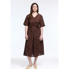 Love My Body Büzgü Detaylı V Yaka Elbise Kahve 124LO001000