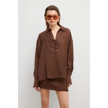 Love My Body Moda Tutkusu Bağlama Detaylı Gömlek Kahve 130M2291000