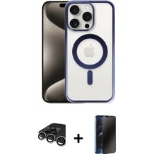 İlk El Grup Pilelistore™ iPhone 15 Pro Kılıf Siluet Çizgi Serisi - Siyah 3D Antistatik Hayalet Cam Ekran Koruyucu + Raze Metal Kamera Lens - Gs