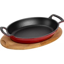 Lava Döküm Oval Sahan Döküm Demir Yekpare Çift Kulplu Kayın Servis Ahşabı Ölçü 23X17CM (Lv O Tv 2317 Shn Ah 221 Be )