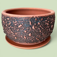 AdenArtpottery Toprak Saksı Siyah Dokulu Yassı Delikli El Yapımı Altlıklı 26*17 cm