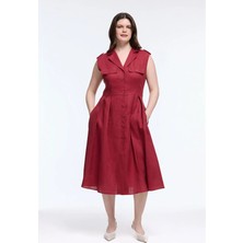 Love My Body Keten Cep Detaylı Midi Elbise Bordo 124L8947003