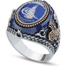 Innuendo Jewelry 925 Ayar Gümüş Mavi Zeminli Osmanlı Tuğralı Erkek Yüzük