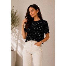 SFG Life Moda Kadın Yazlık Bisiklet Yaka Puantiye'li Kısa Kol Pamuk Penye Crop T-Hsirt (4'lü)