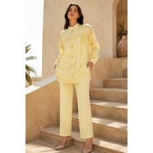 Lale Butik Organze Kumaş Üst Ceketi Taşlı Düğmeli Desenli Ceket Pantolonlu Takım 14396 Sarı