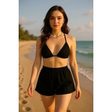 Lux Store Kadın Siyah Şortlu Belden ve Boyundan Bağlamalı Bikini Takımı – Modern, Konforlu ve Günlük Kombinlere Uygun