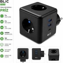Alpotekno Blıc Ftr-09 Akım Korumalı Küp Priz 3 Soket 2 USB 1 Type-C 4000W 16A Termal Korumalı Çoklu Priz